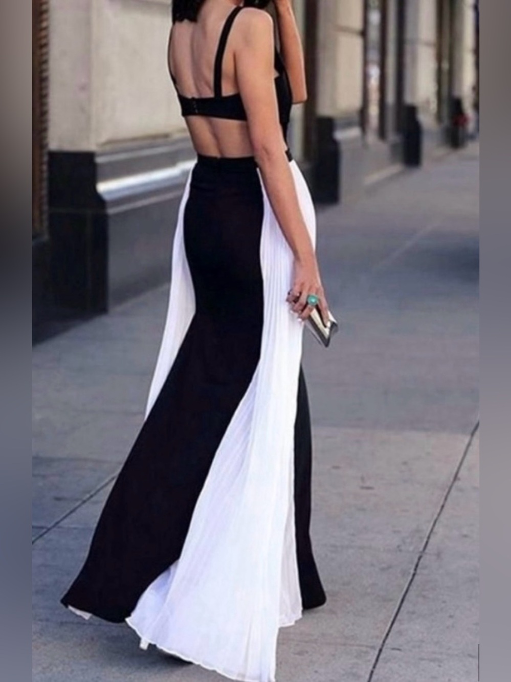 Black and White Pleated Panel Maxi Gown